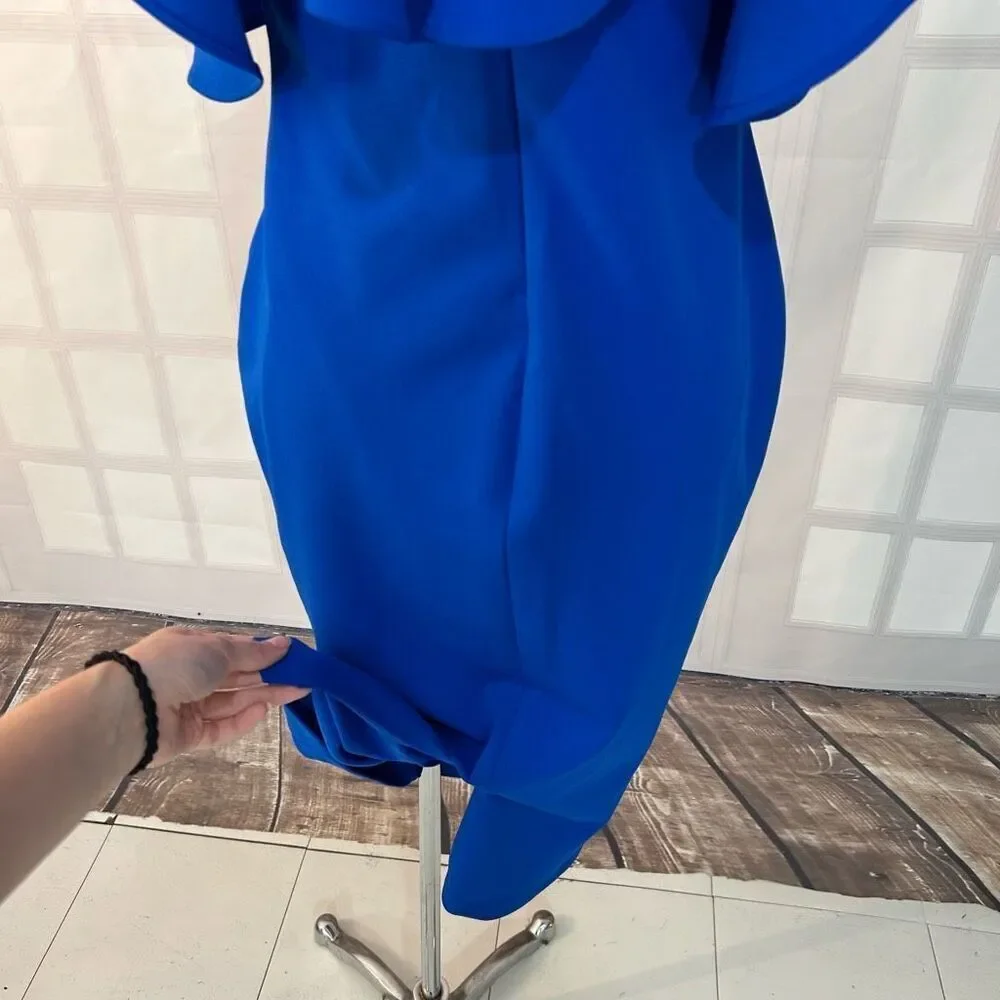 Rachel Roy Cold Shoulder blue flounce pencil Dress Size Large
